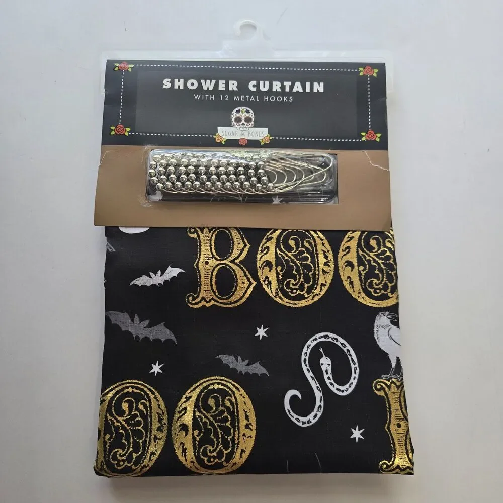 Halloween Shower Curtain Boo Metallic Foil Bat Skull Raven Web Snake Gothic Bath